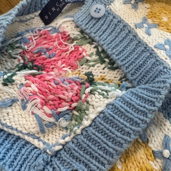 Vintage BIRCH BROS chunky cottage Floral Knit Cardigan - Blue and Yellow - Picture 7 of 10